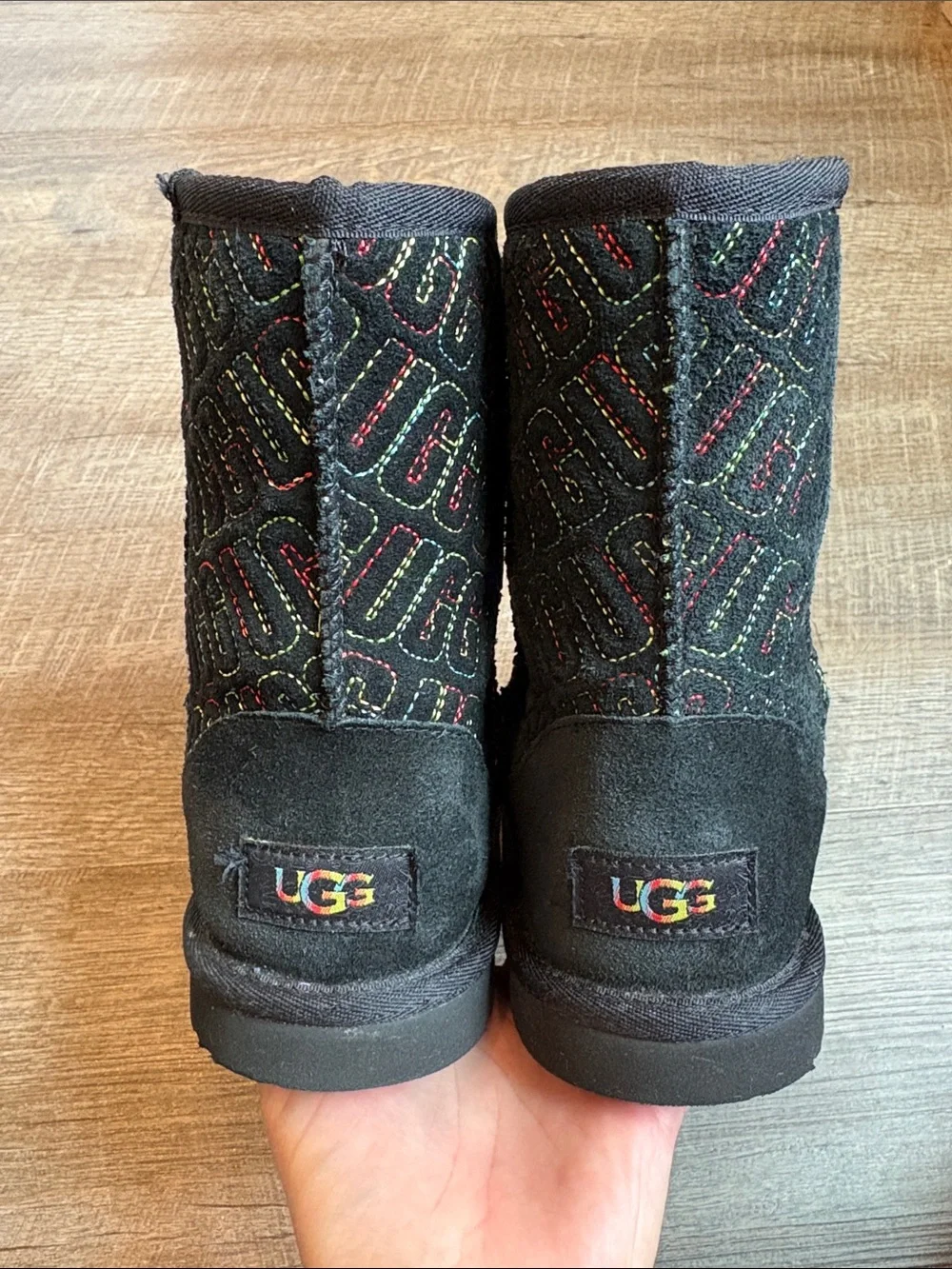 UGG Kids' Classic II Graphic Stitch Boots Black Multi-Color Logo Size 4